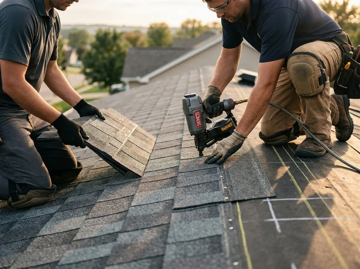 Professional roofer working on a residential roof in Richmond